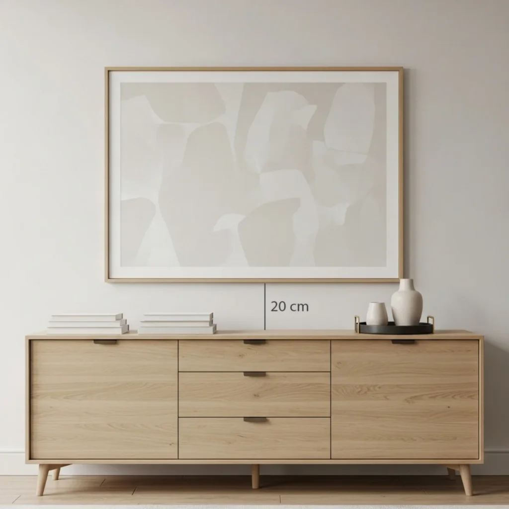 Cômoda de madeira em quarto com um quadro grande centralizado acima, medindo cerca de 2/3 da largura do móvel e com aproximadamente 20 cm entre o tampo e a base da moldura, em composição equilibrada com objetos decorativos baixos.
