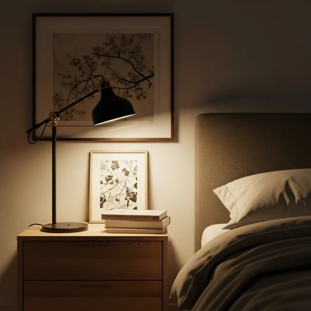 Lado de uma cama com mesa de cabeceira, mostrando um quadro pendurado a cerca de 15 a 25 cm do tampo e outro quadro menor apoiado encostando de leve na parede, próximo a um abajur, em composição equilibrada.