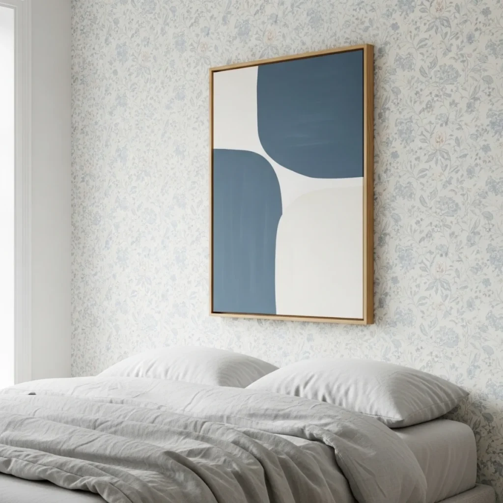 Quarto com papel floral delicado e quadro único com paleta que repete dois tons do papel, moldura de madeira clara e luz suave.