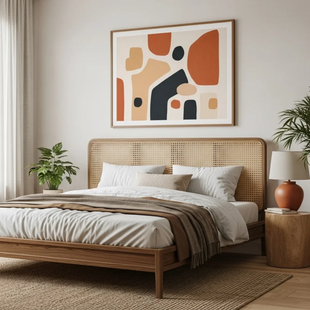 Quarto boho-chic com cama queen, cabeceira de palhinha, quadro único centralizado com moldura de madeira média, planta ao lado da cama e cortina de linho claro filtrando luz.