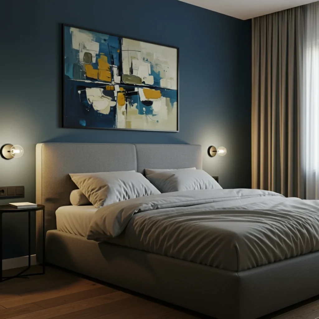 Quarto contemporâneo com parede azul petróleo, cama king com cabeceira estofada cinza e um quadro único centralizado, moldura preta fina, iluminação lateral quente e roupa de cama em tons neutros.