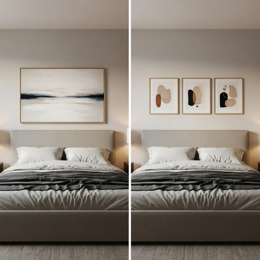 Comparação de dois cantos de quarto: em um, um único quadro grande acima da cabeceira com visual minimalista; no outro, três quadros menores alinhados com espaçamento de 5 a 8 cm entre eles, criando uma composição rica.