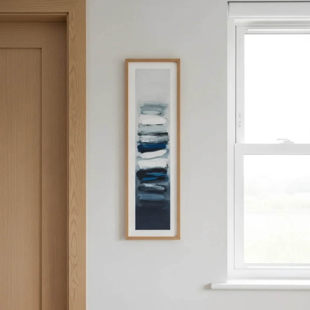 Trecho estreito de parede entre uma porta e uma janela com um quadro vertical centralizado, mantendo margens de 10 a 15 cm de cada lado, sem parecer espremido.