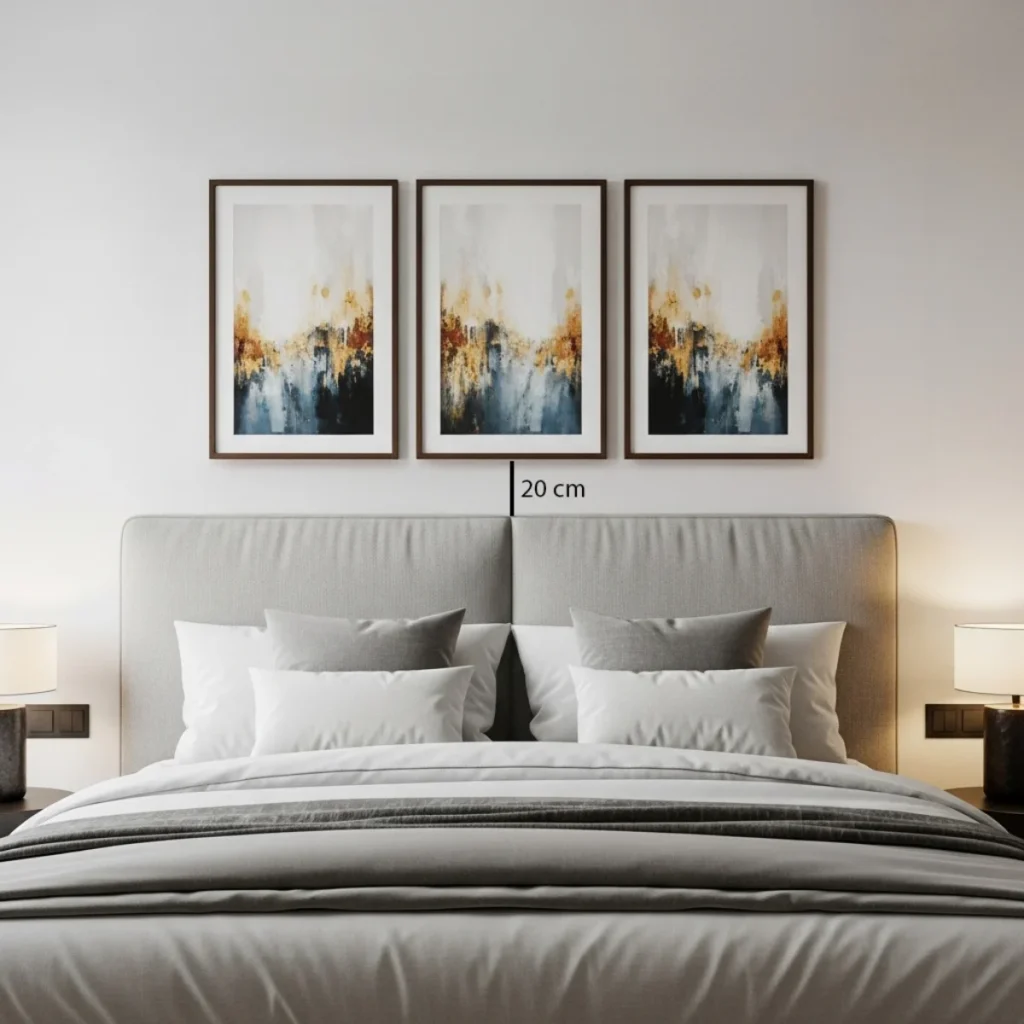 Quarto de casal com cabeceira estofada e três quadros alinhados acima dela, centralizados em relação à cama, com cerca de 15 a 25 cm entre a cabeceira e a base dos quadros e espaçamento uniforme entre as peças.