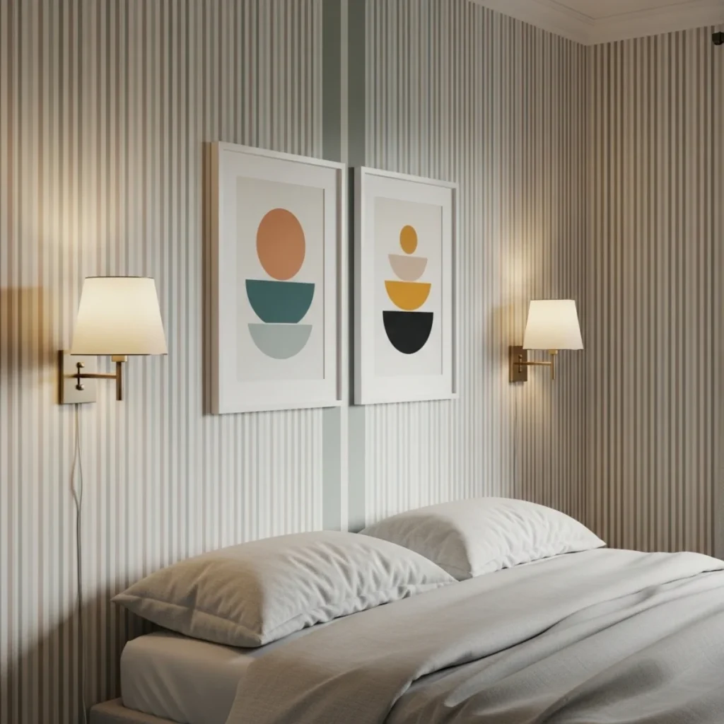 Quarto com papel de parede listrado suave e dois quadros simples alinhados ao centro de uma faixa, molduras brancas e roupa de cama clara.