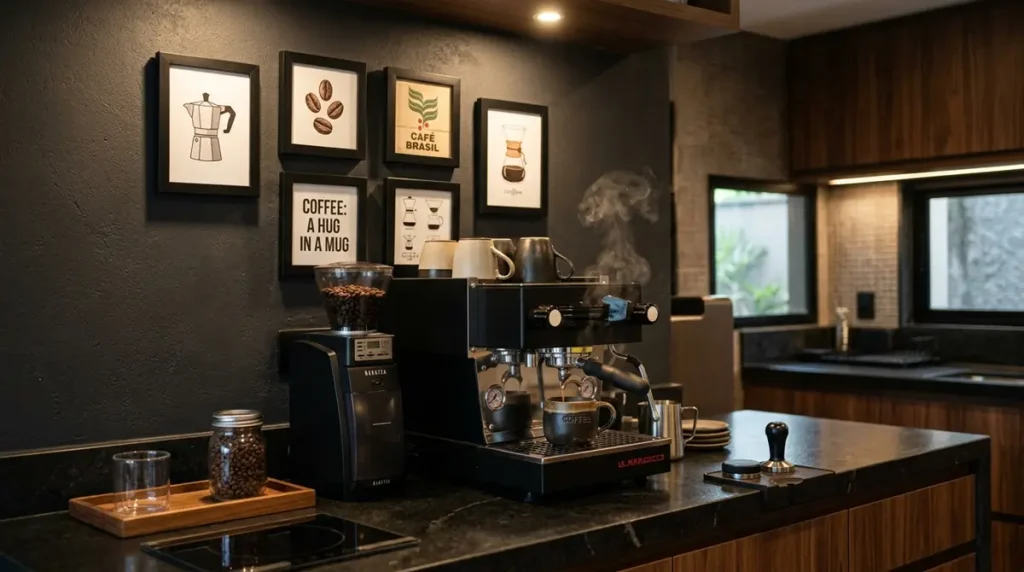 Cantinho do café com parede escura decorada com quadros temáticos e iluminação focada, criando uma área de destaque na cozinha.