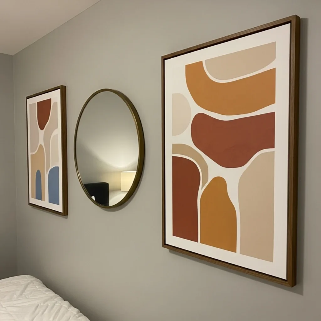 Quarto moderno com dois quadros e um espelho redondo entre eles, espelho servindo de respiro, molduras de madeira média e planta no criado.
