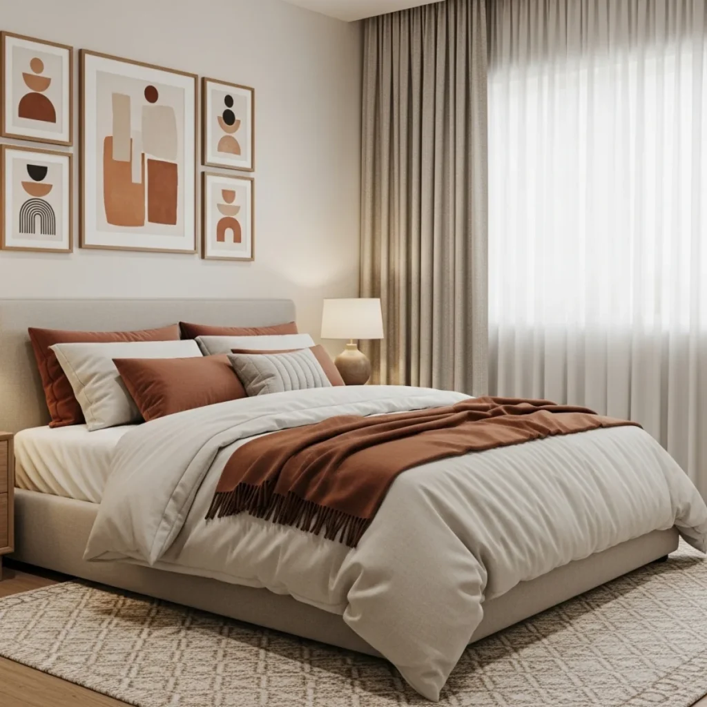 Quarto com piso de madeira caramelo, molduras em madeira similar e artes que repetem tons do enxoval, cortinas de linho e tapete texturizado.