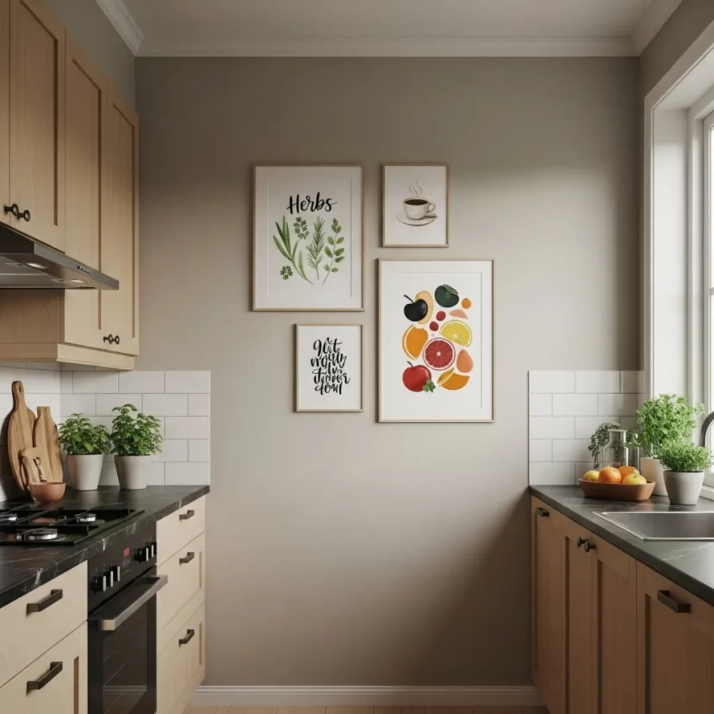 Cozinha neutra com bancada de pedra, armários de madeira clara e parede decorada com quadros de gastronomia, botânico e frase, criando um ponto focal acolhedor.