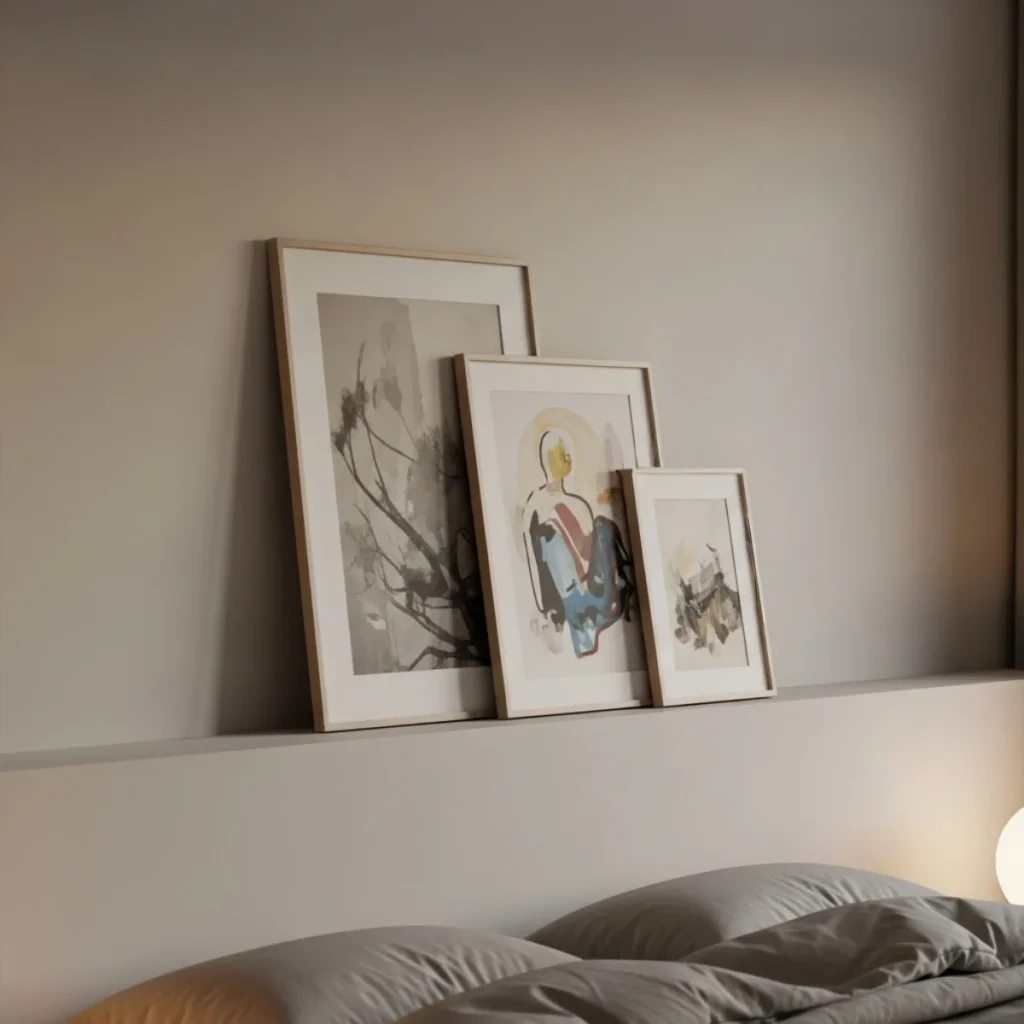 Prateleira decorativa acima da cama com três quadros apoiados, em tamanhos diferentes, levemente sobrepostos, com 3 a 5 cm de distância entre eles, criando efeito de mini galeria com peças leves e molduras finas.