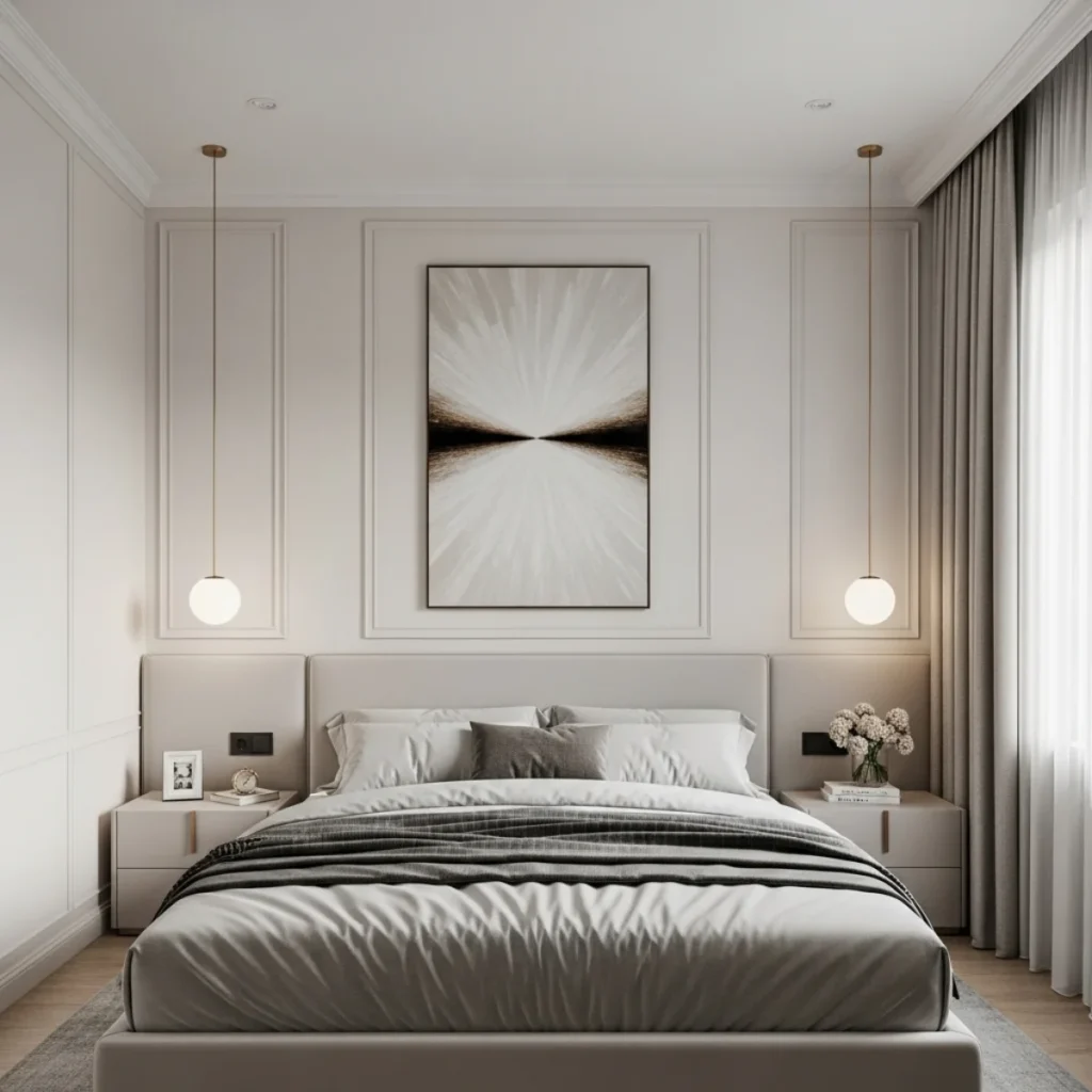 Quarto com pé-direito alto e quadro vertical maior posicionado um pouco mais alto.