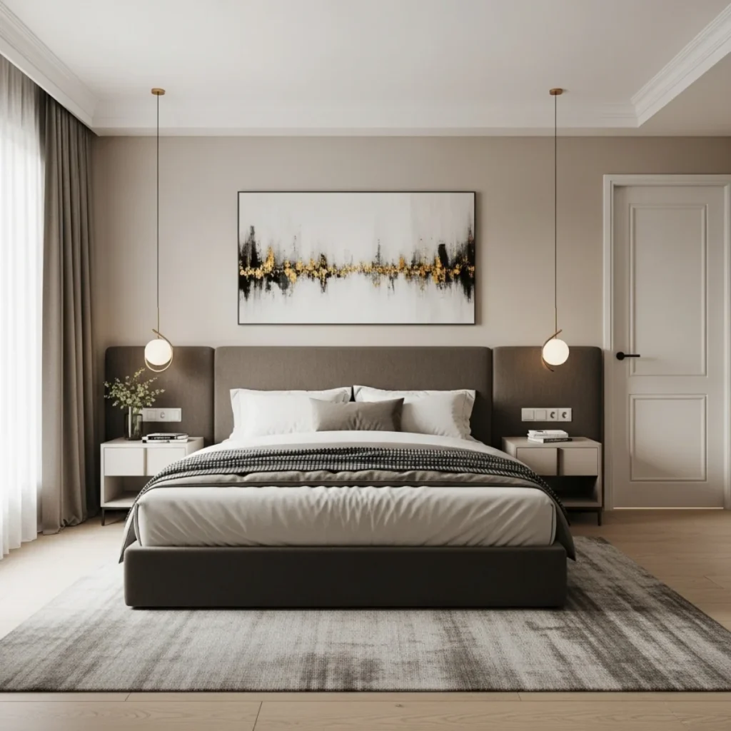 Quarto com pé-direito baixo e quadro horizontal com centro mais baixo, alongando a parede na largura.