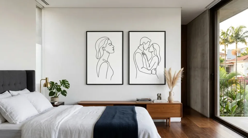 Conjunto de dois quadros com arte de linha única (one-line art) preta sobre fundo branco em molduras finas.