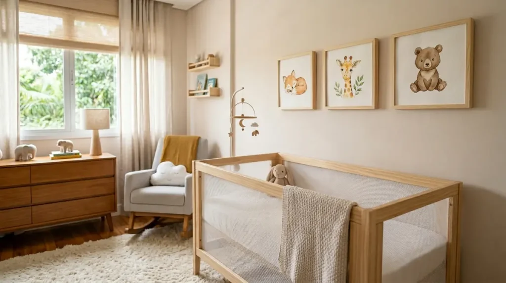 Quarto de bebê seguro com quadros de animais em aquarela instalados acima do berço, usando molduras leves e fixação reforçada.