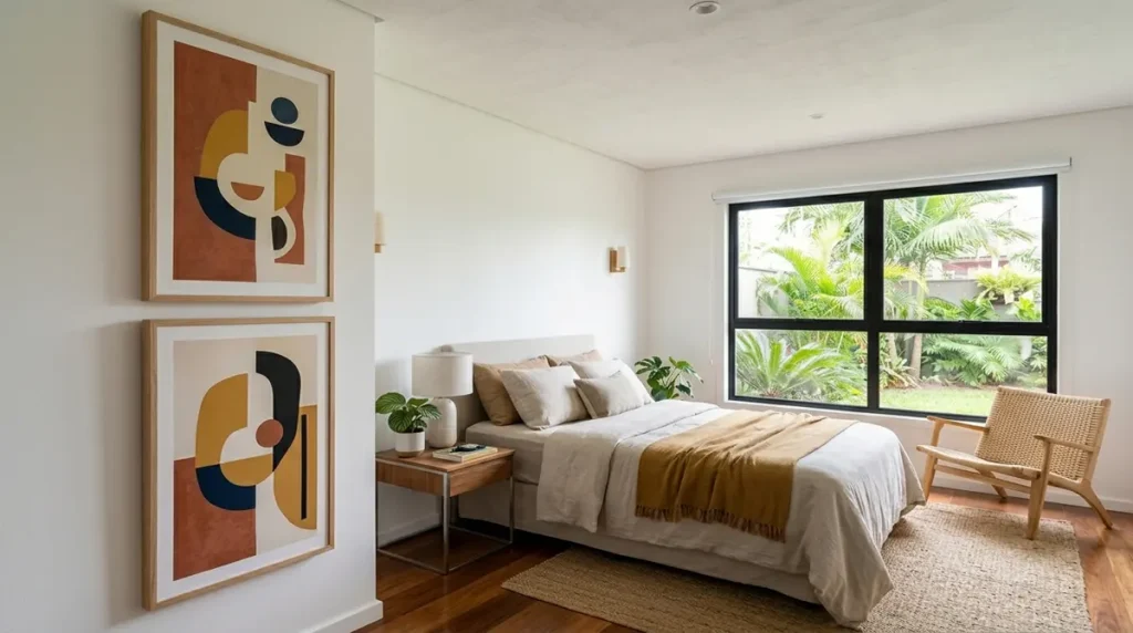Dois quadros verticais instalados um acima do outro em um quarto pequeno para criar a ilusão de teto mais alto.