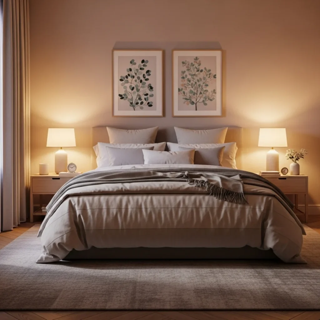 Quarto aconchegante, com roupa de cama em tons suaves, iluminação quente e dois quadros harmoniosos acima da cama, criando sensação de acolhimento e organização visual.