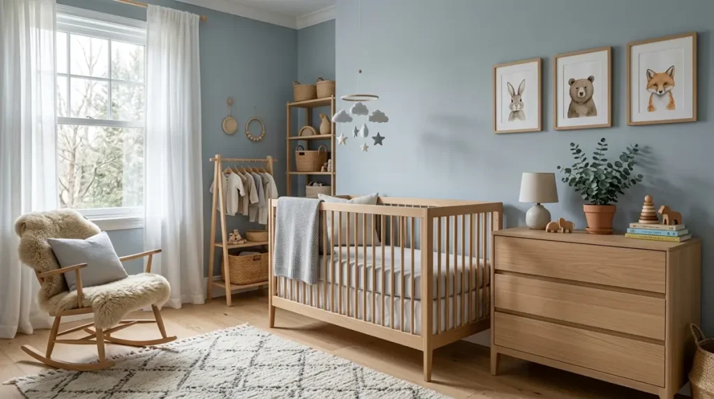 Quarto de bebê em tons de azul acinzentado transmitindo calma e segurança