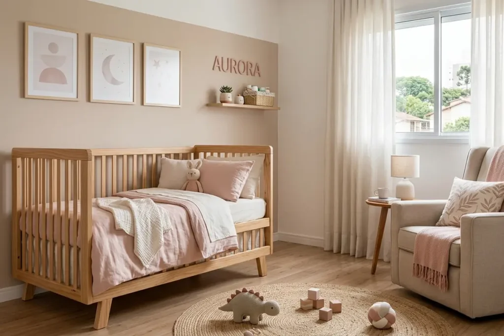 Quarto de bebê decorado com itens delicados e uma paleta de cores sóbria.
