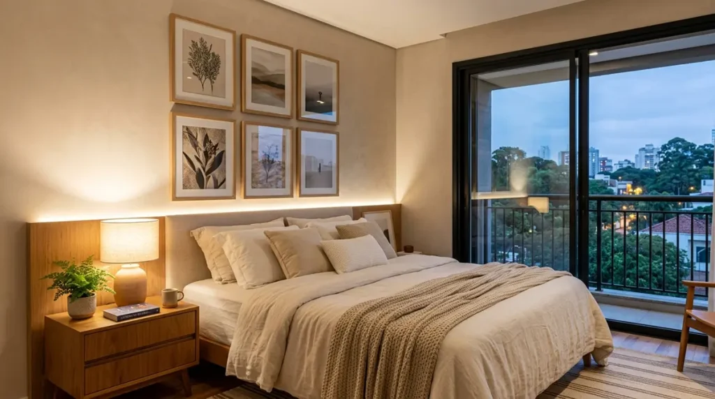 Quarto com composição de quadros centralizada sobre a cabeceira e iluminação suave.