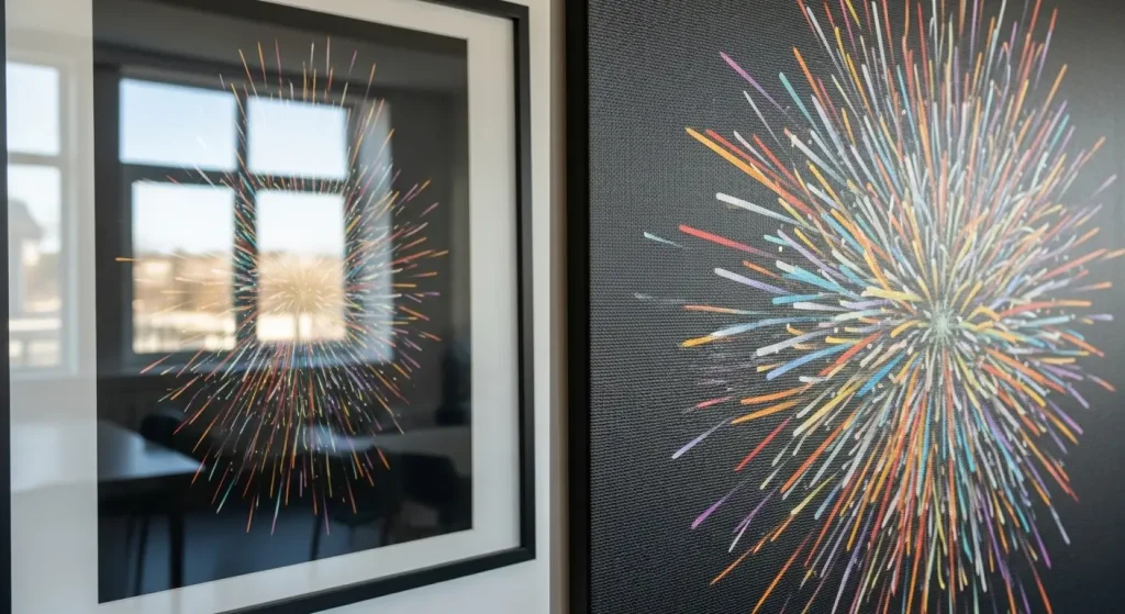 A mesma arte impressa em papel fotográfico (à esquerda) e canvas (à direita), mostrando que o canvas não reflete nada, enquanto o papel reflete muita luz.