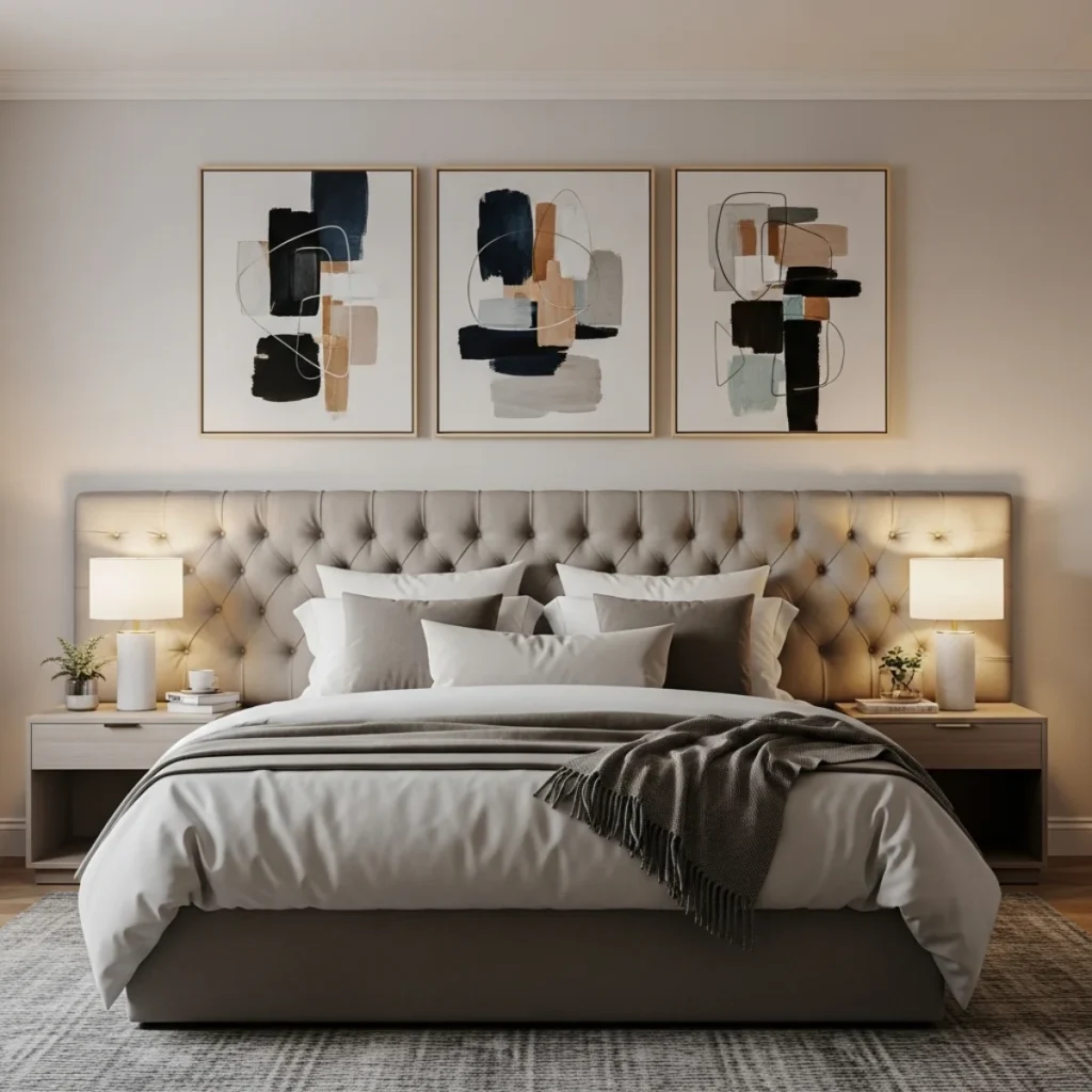 Quarto de casal com cama queen e um conjunto de três quadros alinhados acima da cabeceira, com largura total em torno de 2/3 da cama, e indicação gráfica da medida.