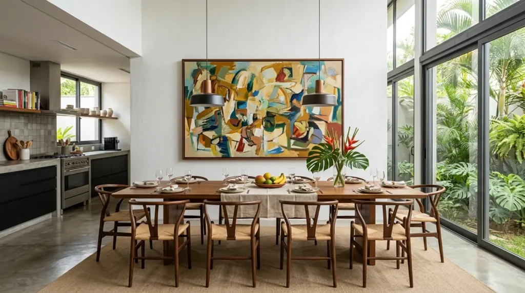 Sala de jantar integrada à cozinha exibindo um quadro horizontal que ocupa dois terços da largura da mesa de madeira, demonstrando equilíbrio de proporção.
