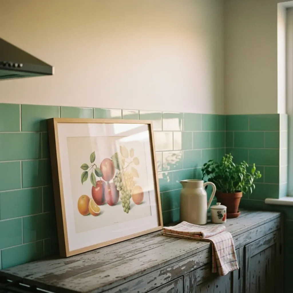 Cozinha com vibe retrô e quadro de frutas estilo vintage sem palavras, moldura selada, base a ~22 cm acima do buffet, conjunto ocupando ~70% da largura do móvel.
