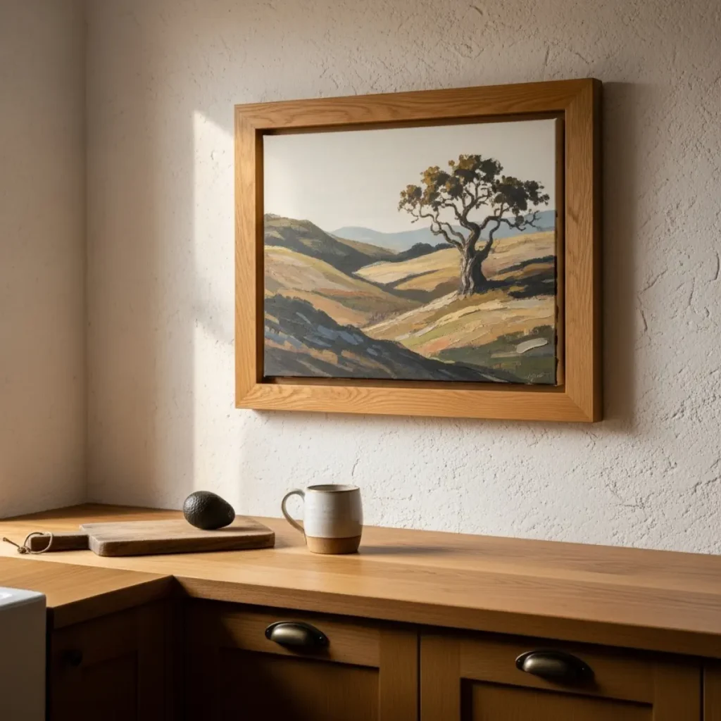 Cozinha rústica chique com quadro em canvas envernizado e moldura de madeira selada, centro na linha dos olhos, parede seca, repetindo tons da marcenaria.