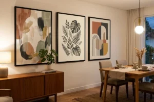 Sala de jantar decorada com quadros e móveis modernos