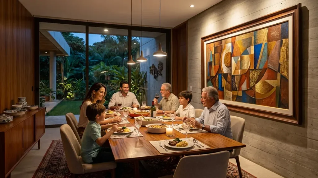 Sala de jantar elegante com quadro decorativo alinhado à altura dos olhos das pessoas sentadas.
