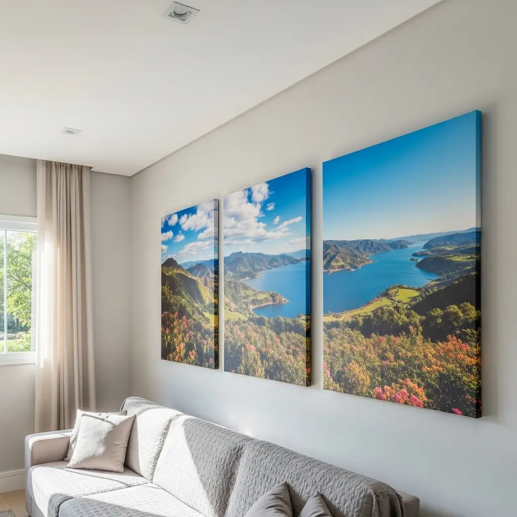 Sala de estar com paredes brancas, um sofá, janela com cortina ao fundo e, na parede, 3 quadros em canvas sem moldura, exibindo uma paisagem de montanhas.