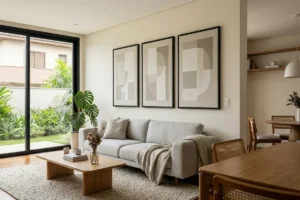 Sala minimalista, em tons neutros, com quadros na parede e um jardim ao fundo.