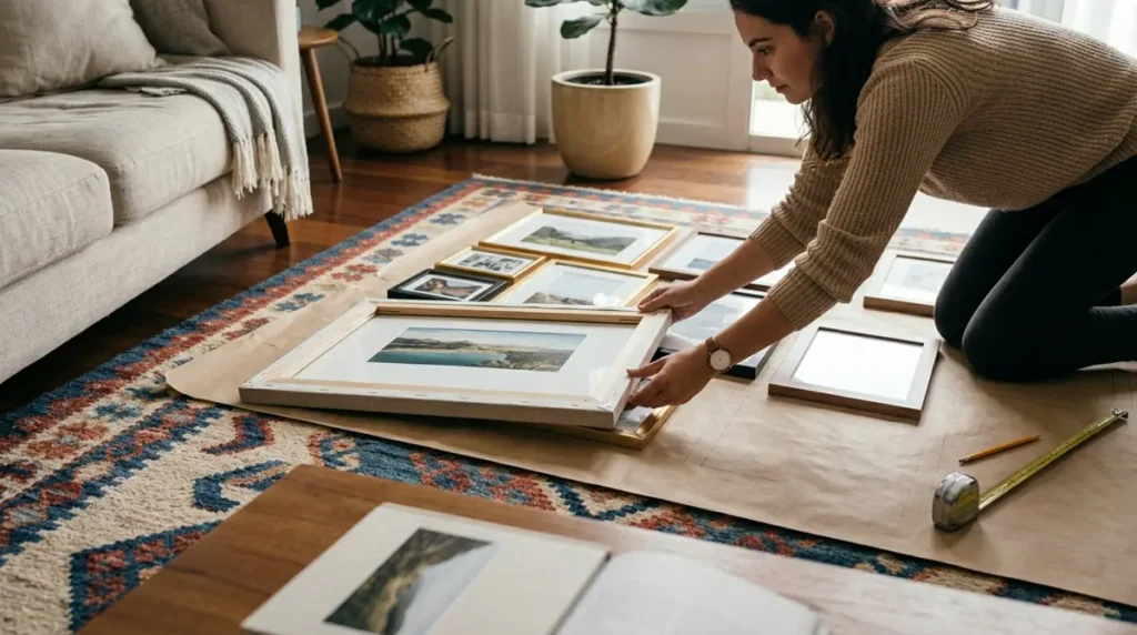 Pessoa testando a disposição de vários quadros decorativos no tapete da sala antes de pendurar.
