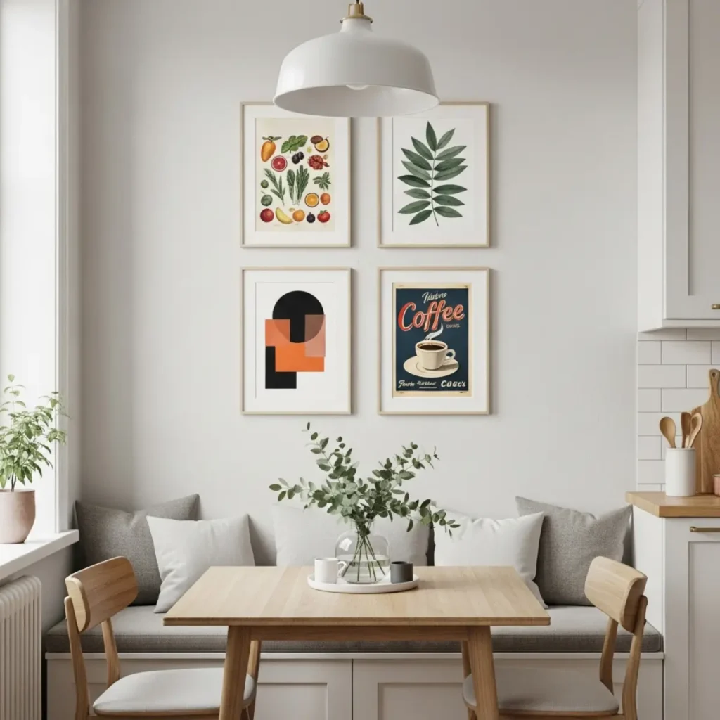 Parede de cantinho de refeições com composição de cinco quadros, cada um de um tema diferente: gastronômico, botânico, frase tipográfica, vintage de café e abstrato minimalista.