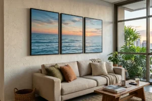 Três quadros de uma paisagem do mar na parede de uma sala moderna, combinando com a decoração.