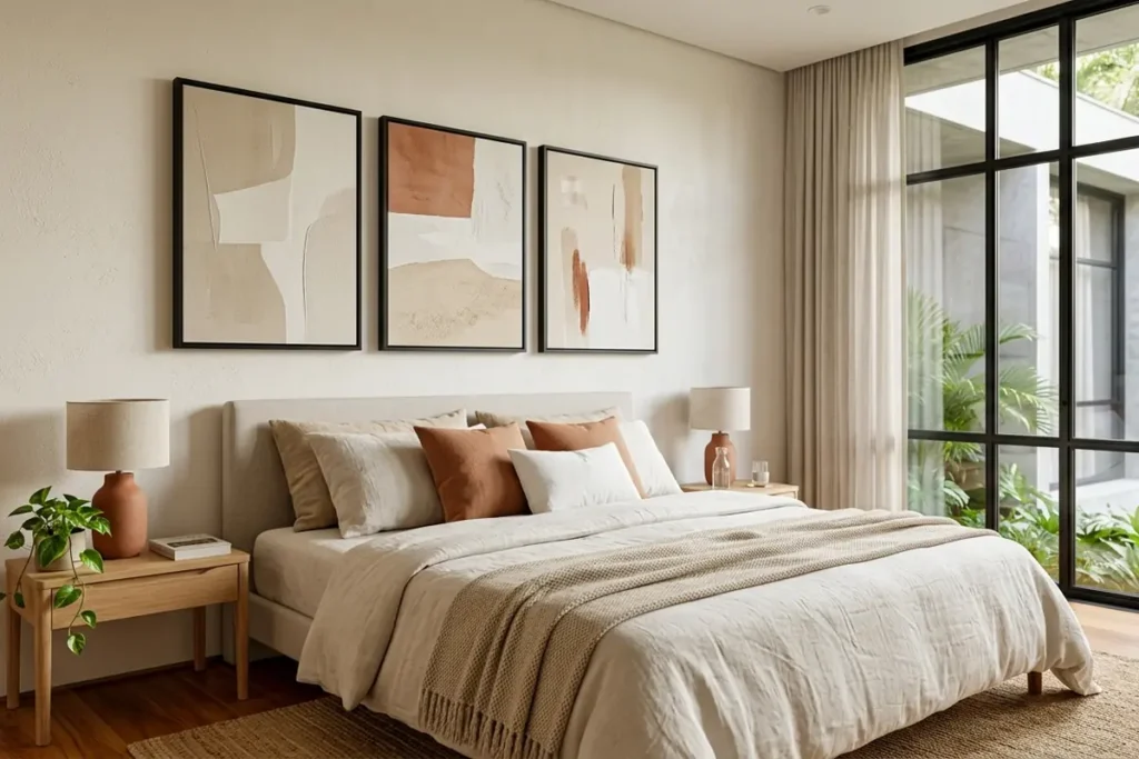 Quarto em tons neutros com três quadros acima da cabeceira combinando com a decoração do ambiente