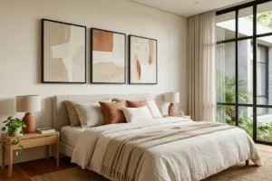 Quarto em tons neutros com três quadros acima da cabeceira combinando com a decoração do ambiente