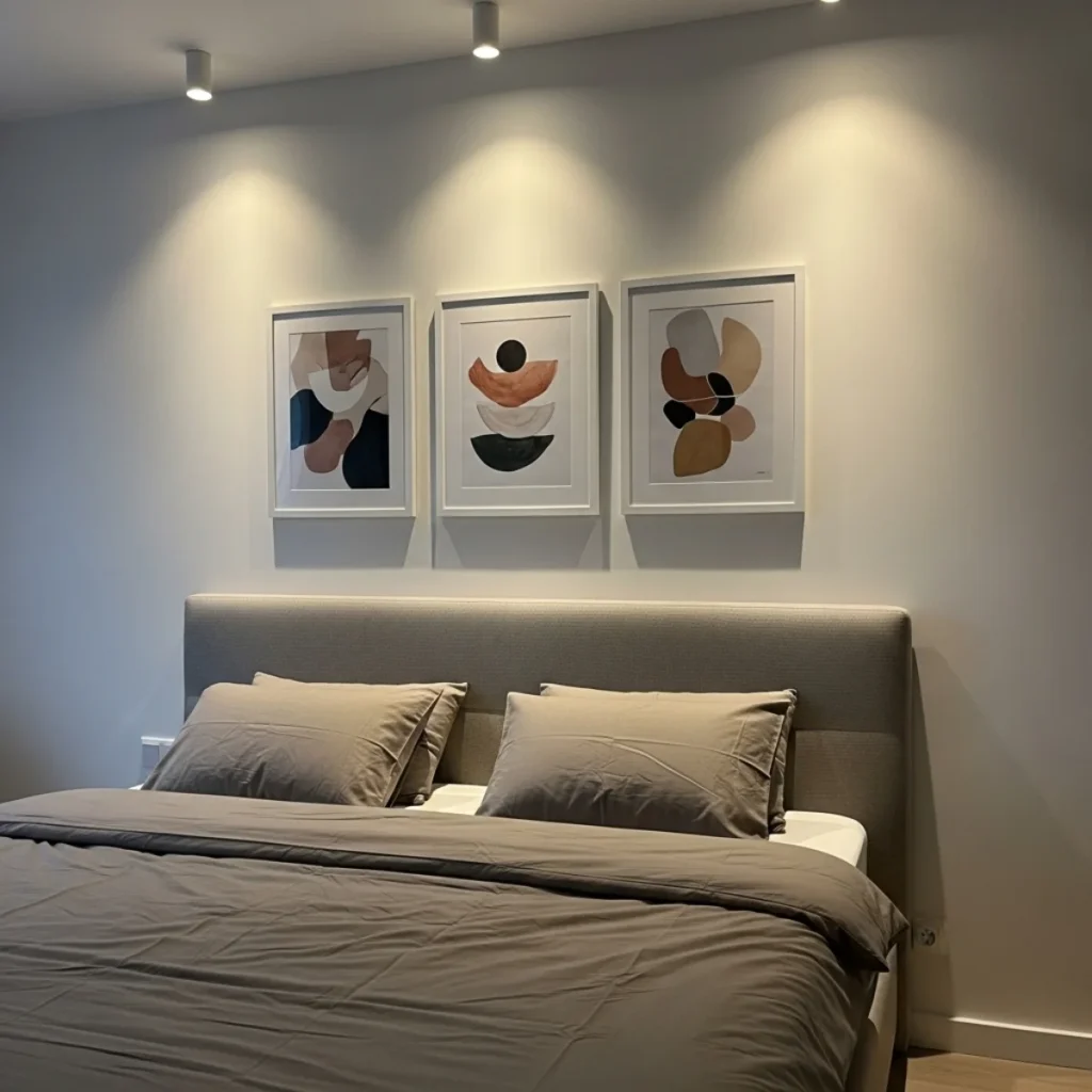 Quarto contemporâneo com cama king e três quadros iguais alinhados, espaçamento de 5 cm, molduras finas brancas e luz quente destacando a arte.