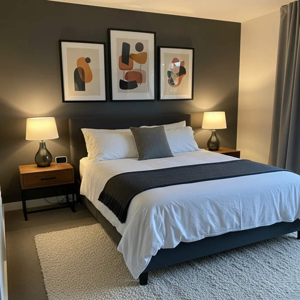 Quarto moderno com cama queen e tríptico escalonado sutilmente, quadro central um pouco mais alto, molduras pretas e tapete de lã.