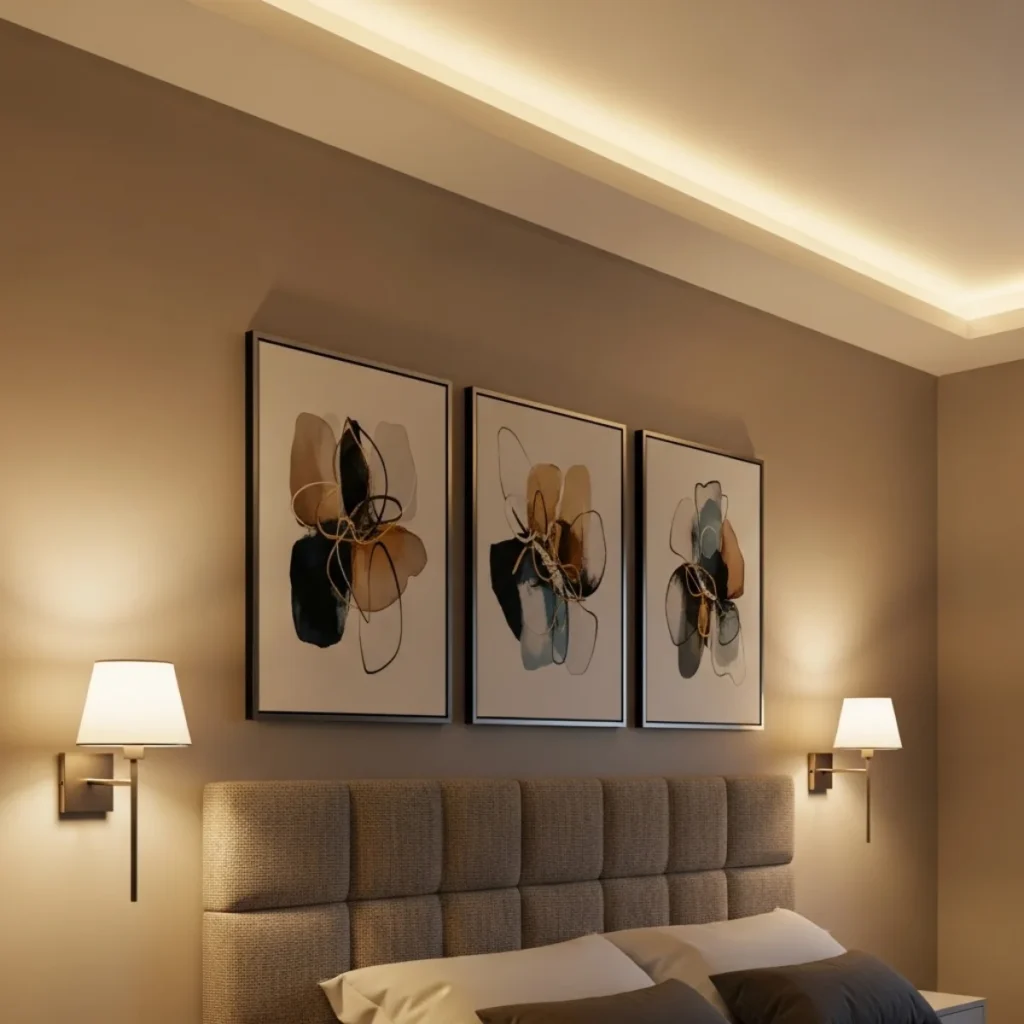 Quarto com tríptico iluminado por arandelas laterais e fita de LED embutida, tons quentes e textura valorizada.