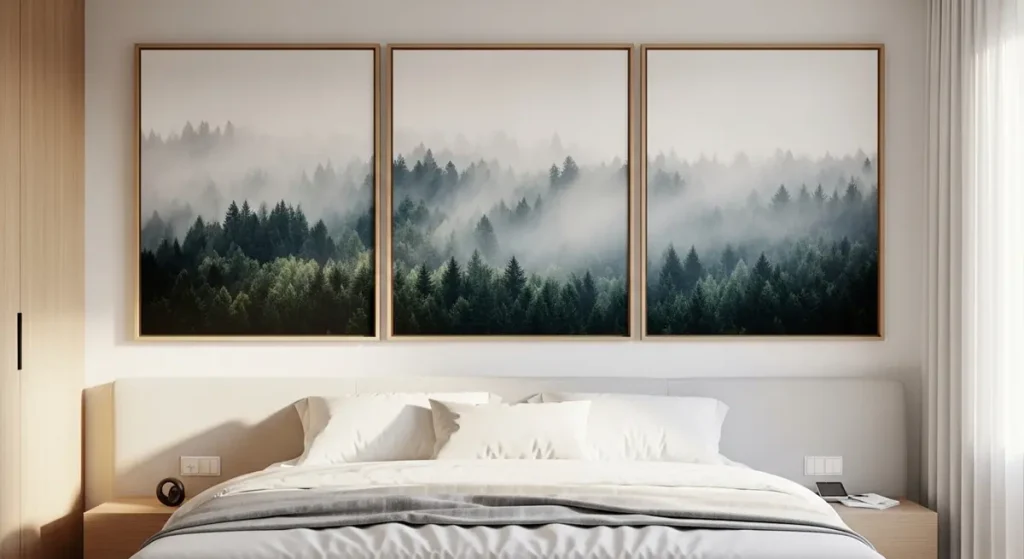 Conjunto de três quadros (tríptico) com moldura de madeira clara alinhados perfeitamente acima de uma cama king-size em um quarto moderno.