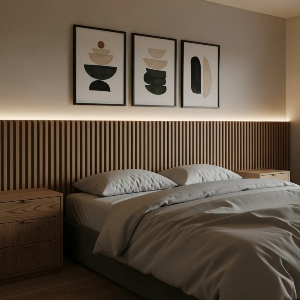 Quarto com painel ripado de carvalho, cama king e tríptico alinhado dentro do módulo do painel, luz de fita LED discreta e roupa de cama bege.