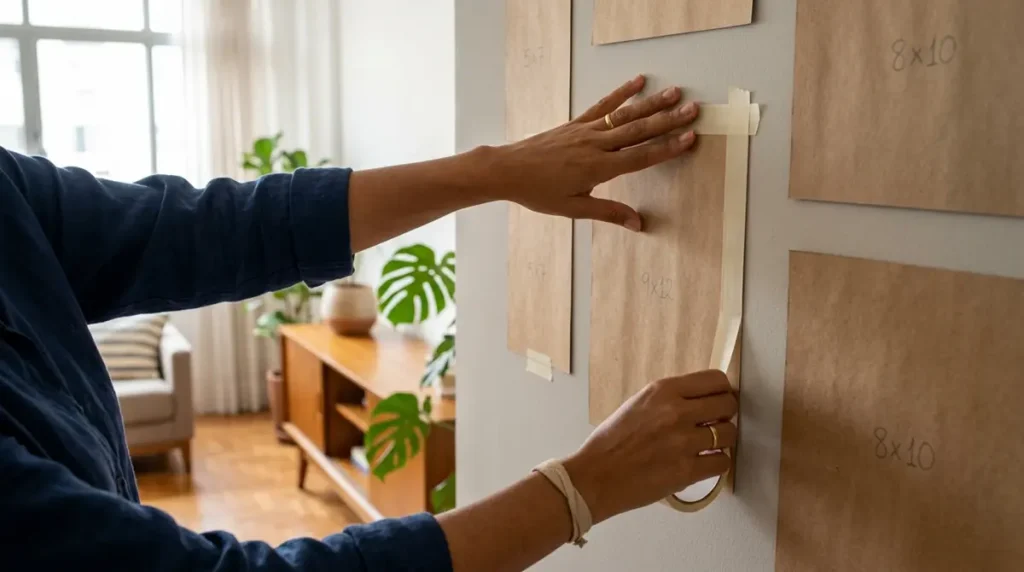 Pessoa colando moldes de papel pardo na parede com fita crepe para simular o tamanho e a altura dos quadros antes de furar.