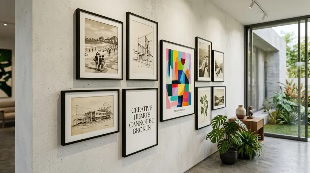 Galeria de quadros com estilos de arte diferentes (vintage, abstrato e frase) todos usando molduras pretas idênticas para criar unidade visual.