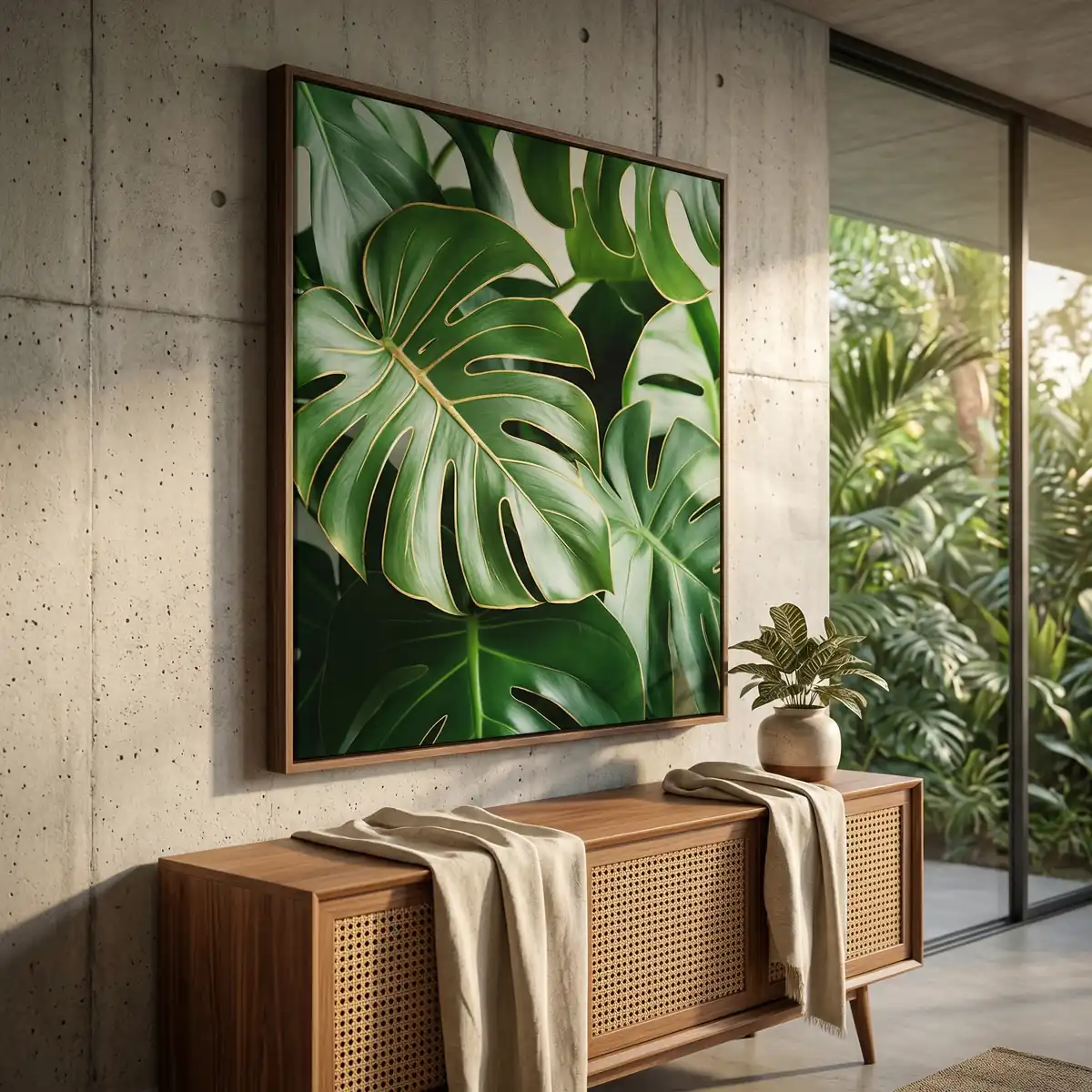 Ambiente moderno com aparador de madeira e um quadro de costela de Adão na parede