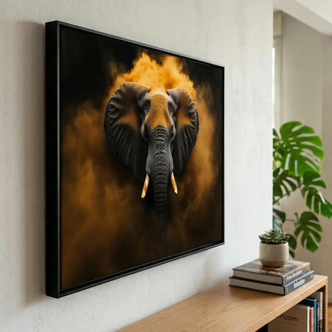 Ambiente minimalista com aparador na parede e um quadro de elefante em estilo minimalista