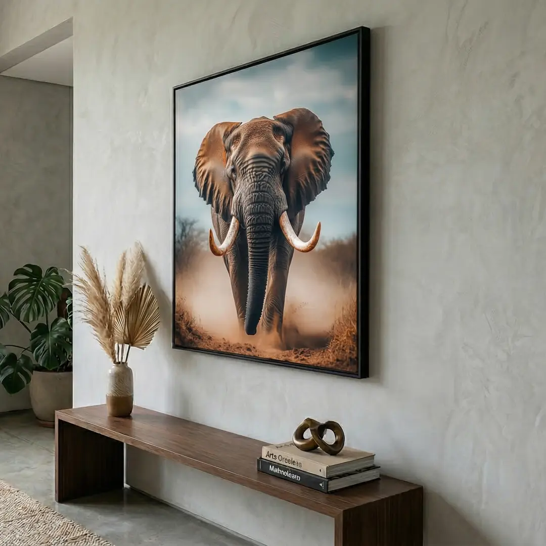 Sala de estar moderna com sofá e um quadro de elefante na parede atrás.