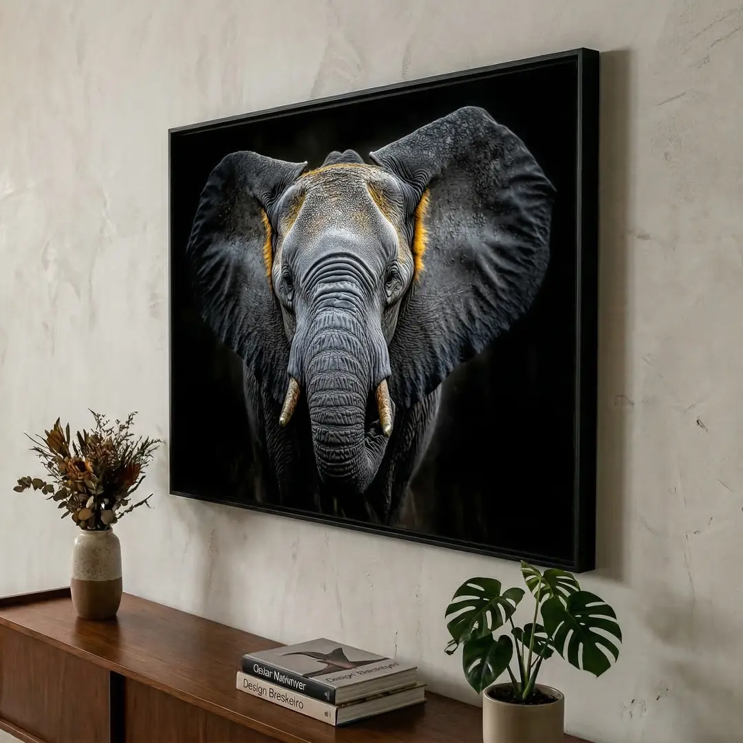 Parede branca com um aparador e, acima, um quadro decorativo de elefante