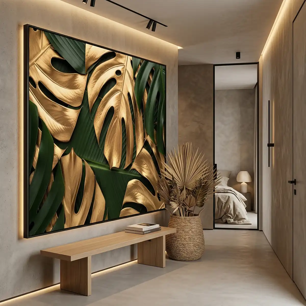 Corredor iluminado com LEDs e decorado com quadro costela de Adão grande na parede