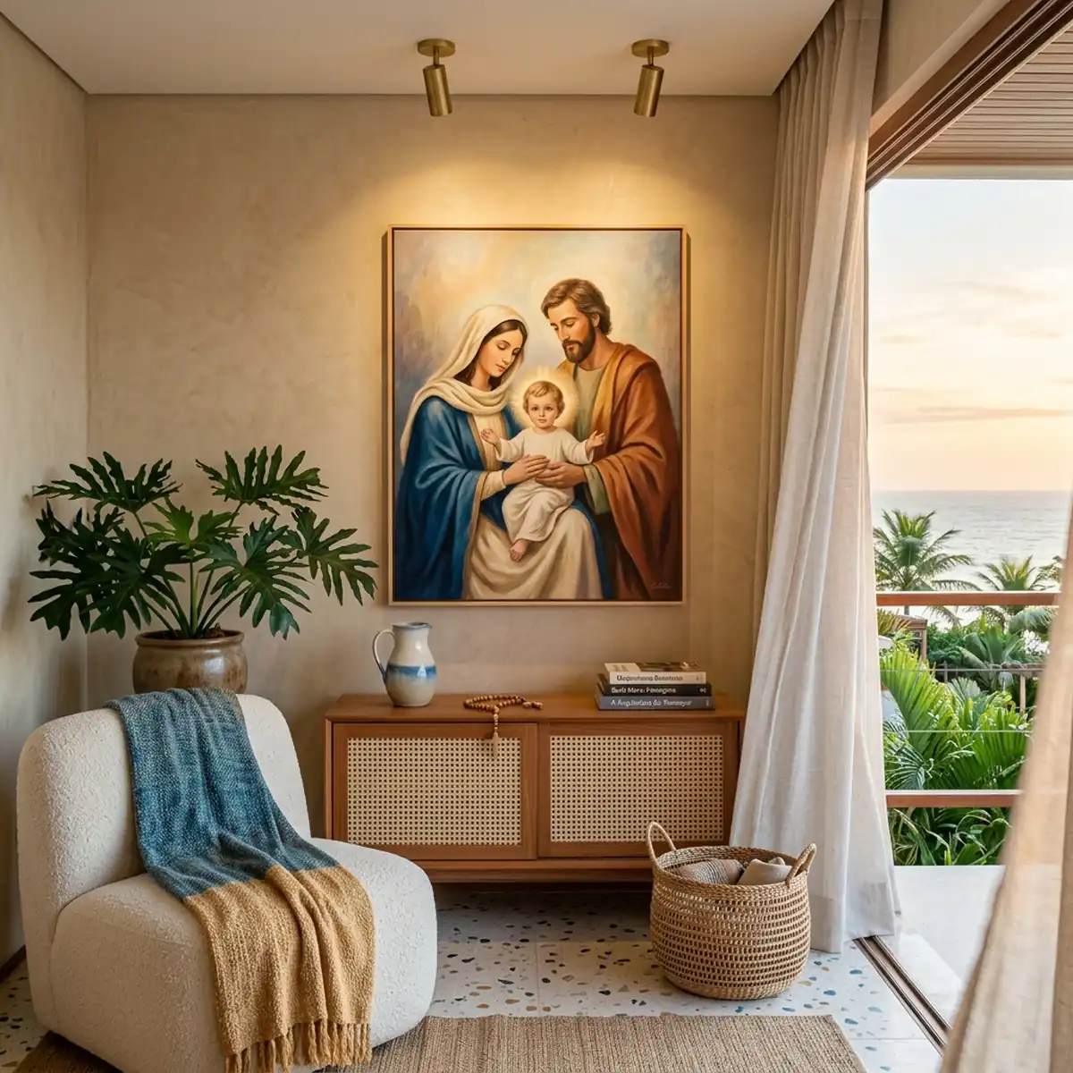 Ambiente moderno com sacado ao lado, um aparador e, sobre ele, o quadro da Sagrada Família